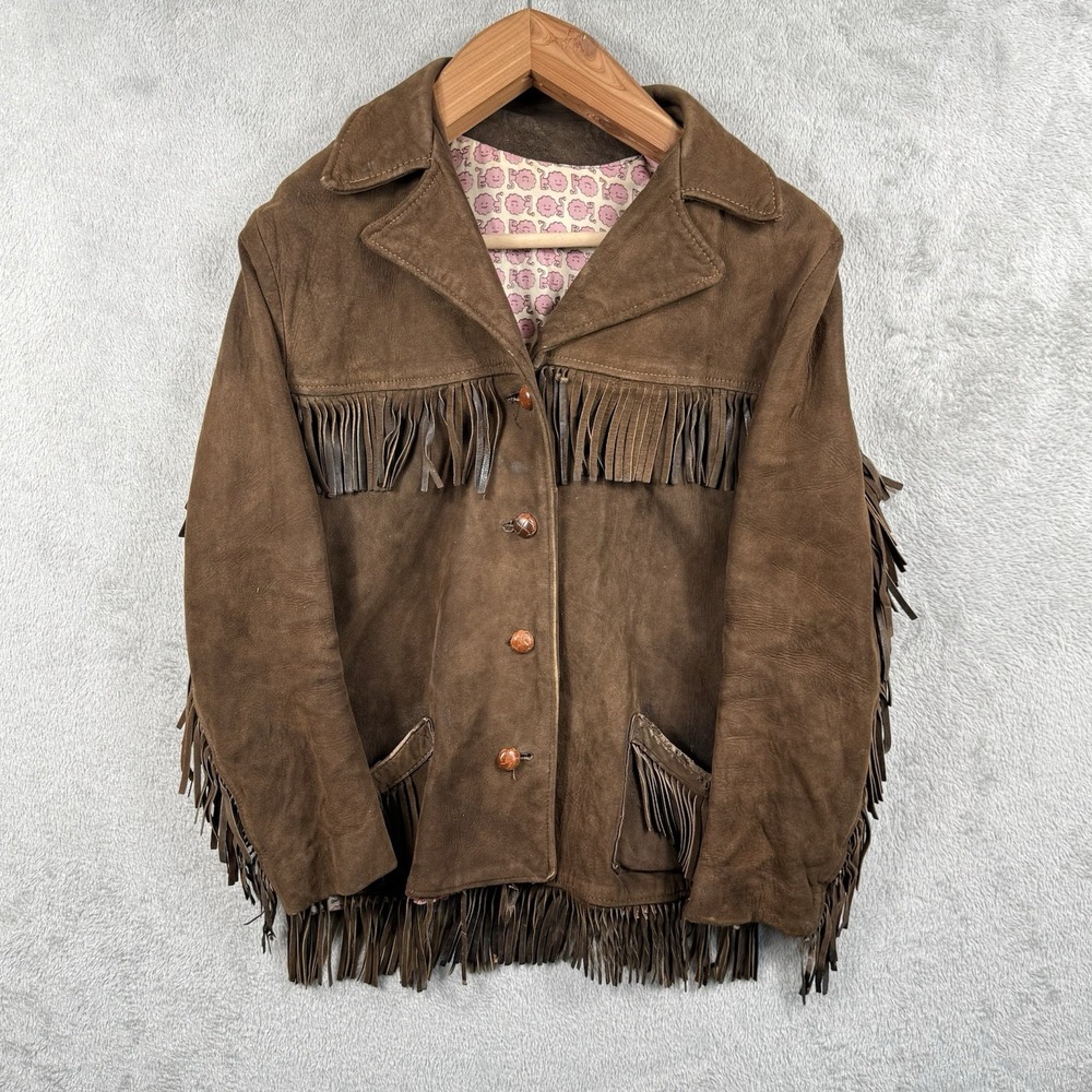 Vintage 70s Leather Fringe Jacket Brown Suede Womens S Western Aztec Cowgirl